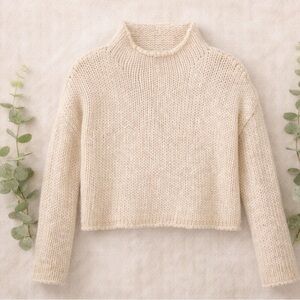 Free People Cropped Cream Mock Neck Chunky Knit Sweater